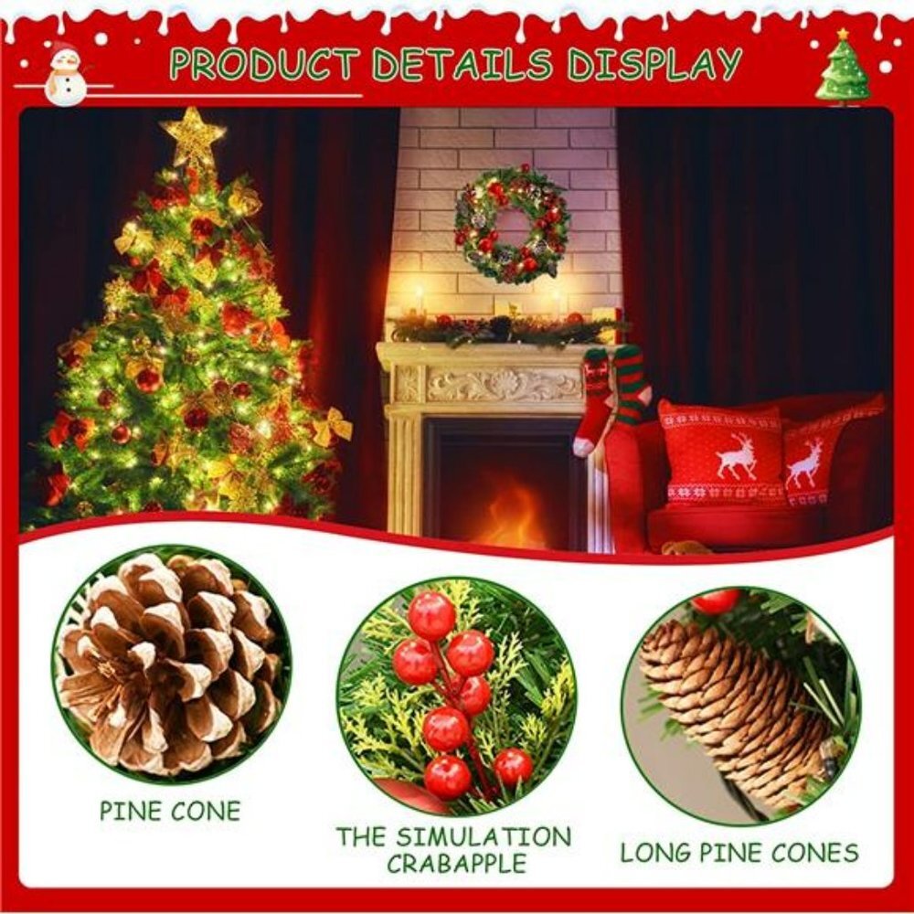 Christmas Wreath, 16 inch Artificial Wreath with Lights, for Front Door